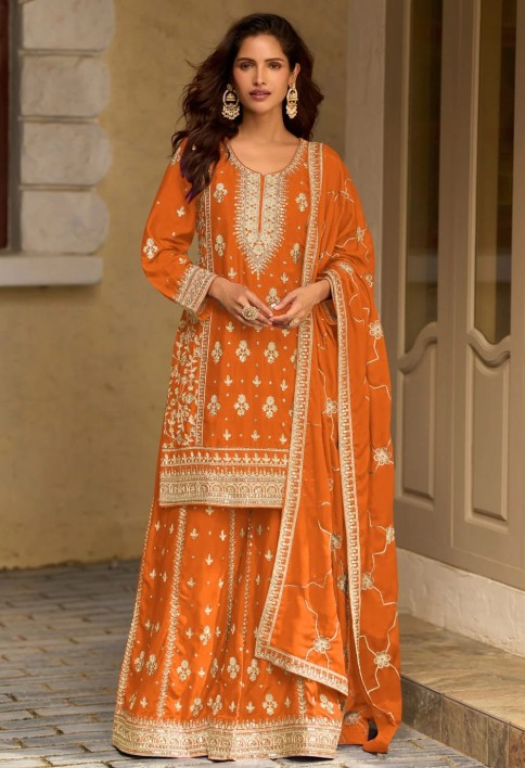 Chinon Salwar Suit In Orange Colour